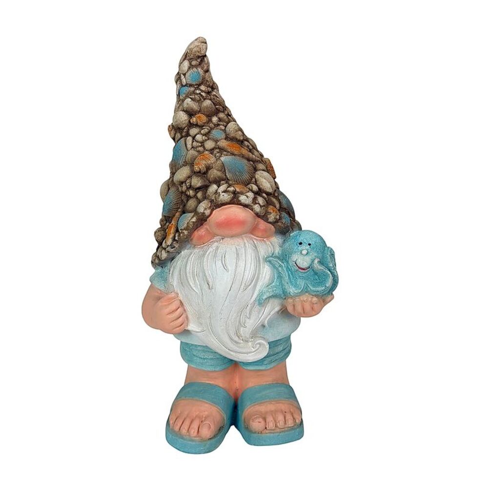 Coastal Gnome Garden Statue with Octopus Shell Hat 22 Inch Magnesium Oxide Aqua